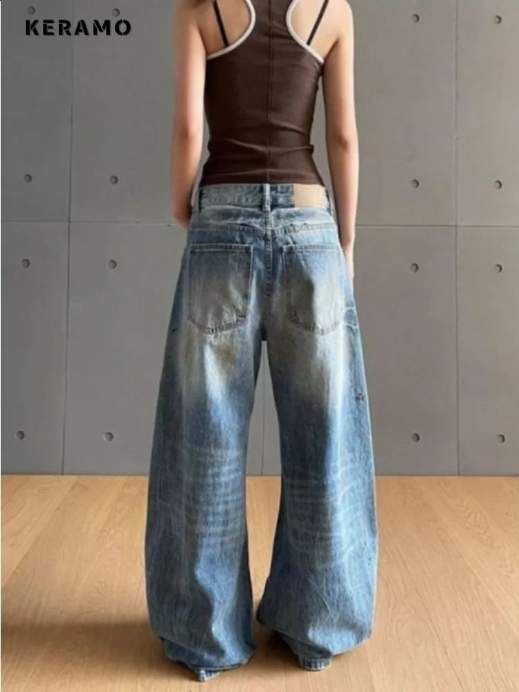 Harajuku Loose Baggy Emo Denim Trouser Womens Casual Damage Retro Full Length Jeans High Waist Y2K 2000s Blue Ripped Pants 250614
