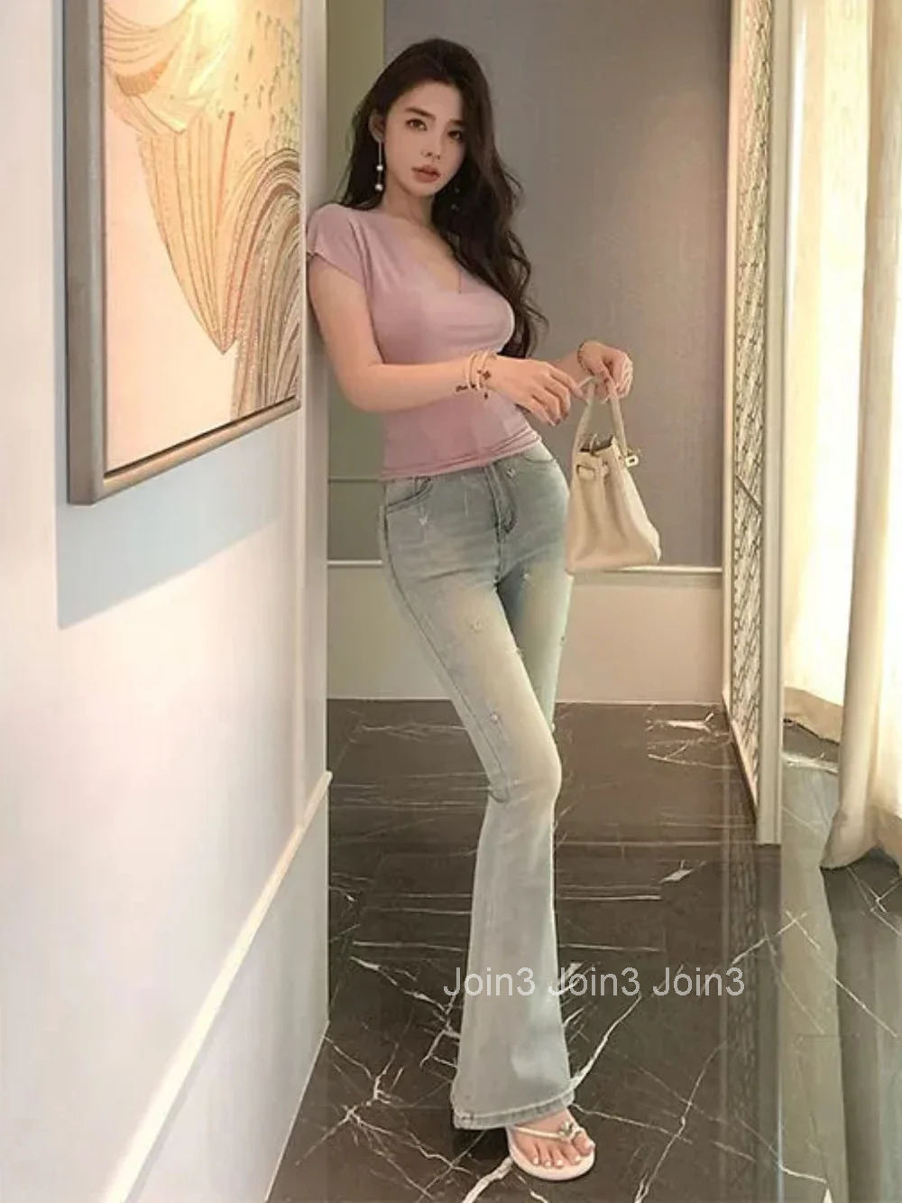 High Waist Female Cowboy Pants with Rhinestones Womens Jeans Stylish Baggy Clothes Medium Wash Emo South Korea on Sale Trousers