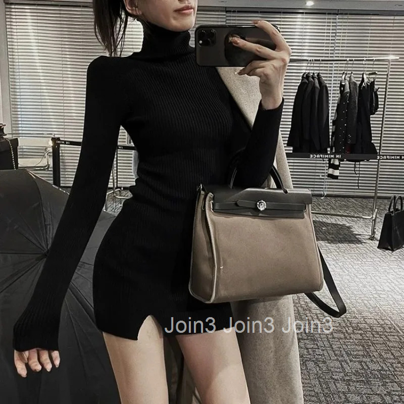 Grey Crochet Clothing Turtleneck Brown Womens Dresses Knit Short Extreme Mini Split Female Dress Designer Beach Sale One-piece