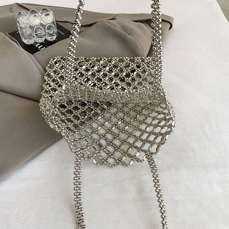 European and American Shoulder Shiny Sier Crystal Handbag Hollow Out Beach Lady Designer Underarm Shopper Bag