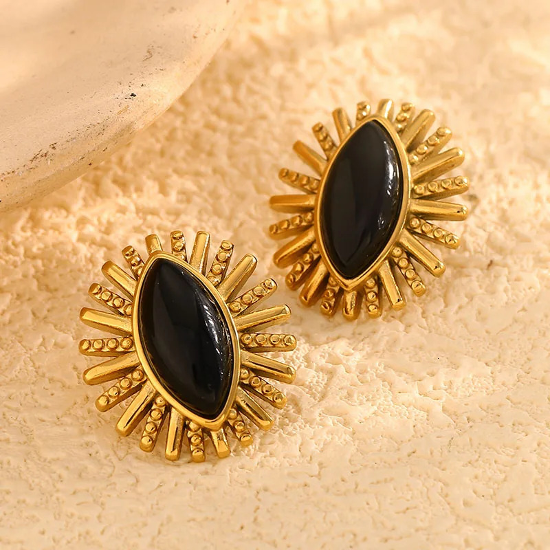 Black stone agate eye stud earrings stainless steel earrings for women elegant statement vintage jewelry non tarnish 250618