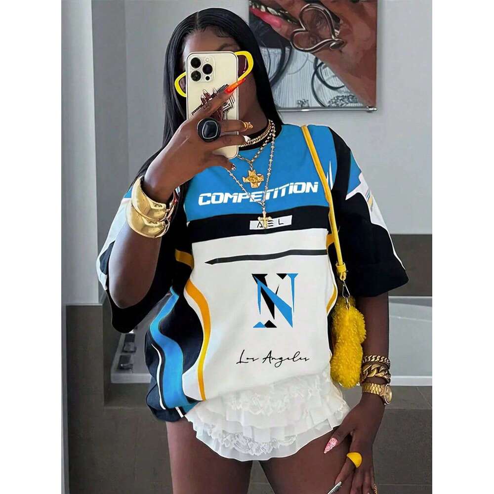 Autumn New Trendy Fashion Printed Motorcycle Style High Street American Short Sleeve Top Color Block T-Shirt For Women B5