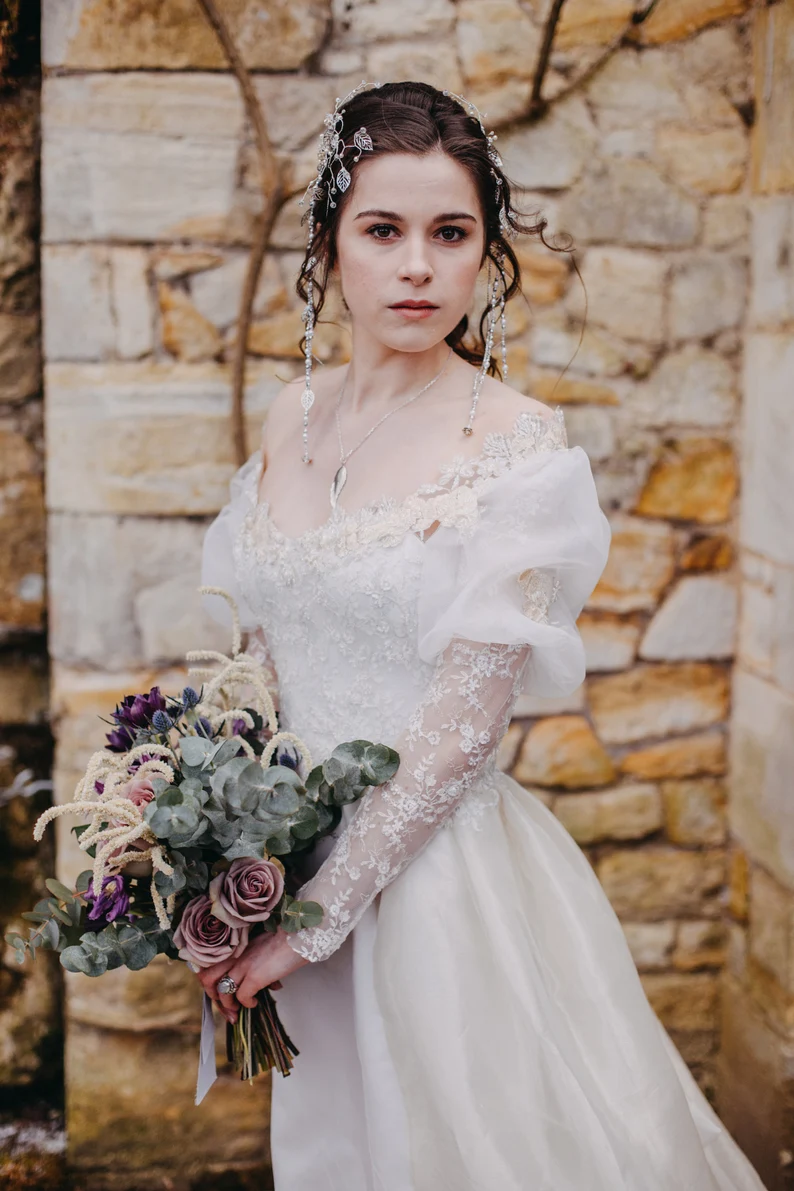 Fantasy Country A-Line Wedding Dresses with removable train Off Shoulder Long Sleeves Ivory Boho Bridal Gown Custom Made Open Back Garden Vestido De N