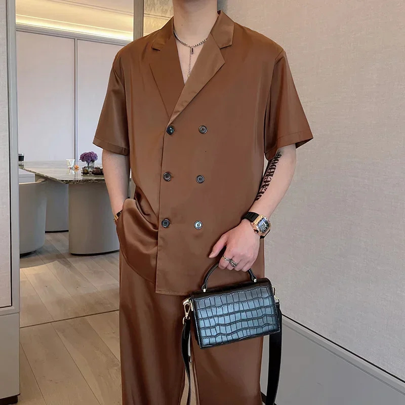 Summer Sets Men Fashion Double Breasted Short Sleeve Shirt/Trousers Two Piece Set Men Korean Loose Ice Silk Sets Mens Formal Set 250617