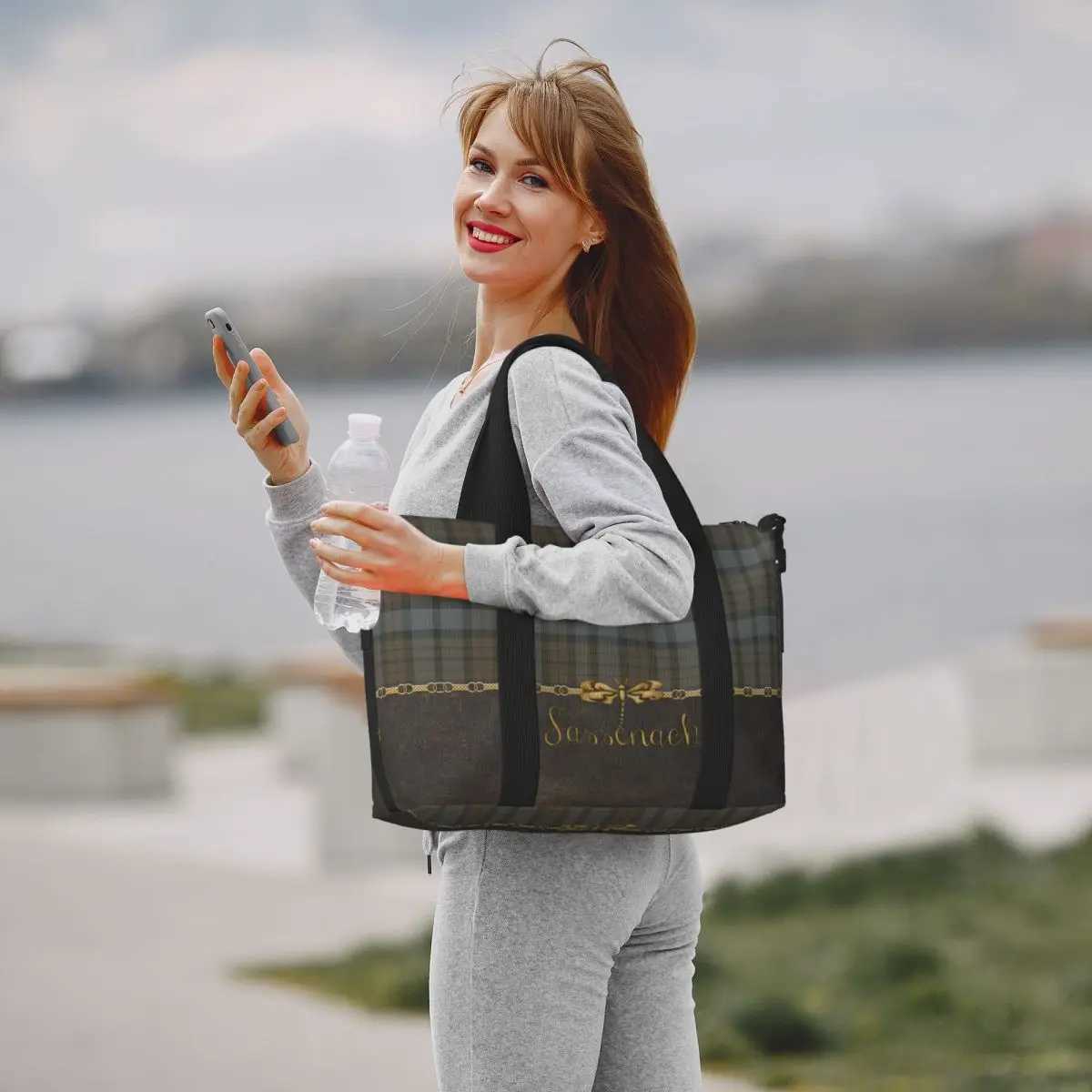 Custom Leather And Tartan Sassenach Dragonfly Pattern Tote Bag Large Capacity Modern Plaid Check Texture Gym Beach Travel Bags W250618