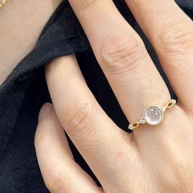 New Trendy Live Streaming Imitation Ice Jade Natural Chalcedony Inlaid with Small Diamond Dewdrop Open for Women Light Luxury Simple Ring