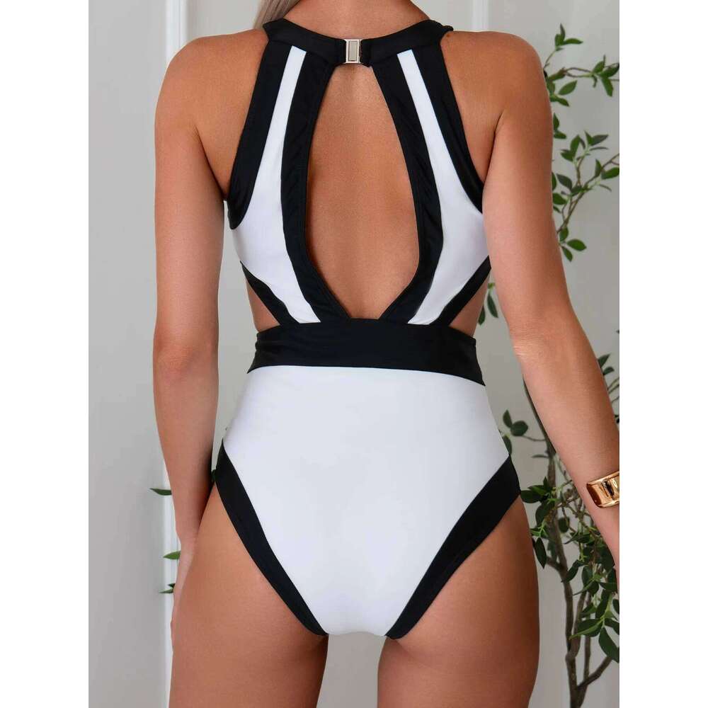 2024 New Women's Sports Black White Contrast European and American Sexy One Piece Swimsuit