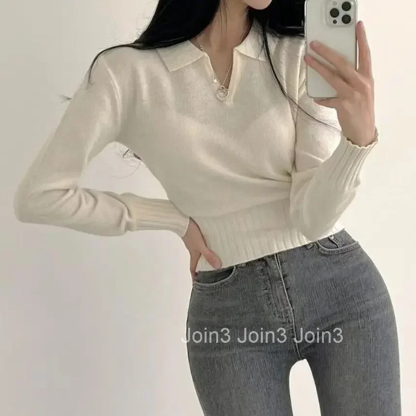 Polyester Knitted Commute Tops Woman Tshirt Cheap Korean Popular Clothes On Offer Y2k Fashion 2025 Polo Neck T Shirt for Women