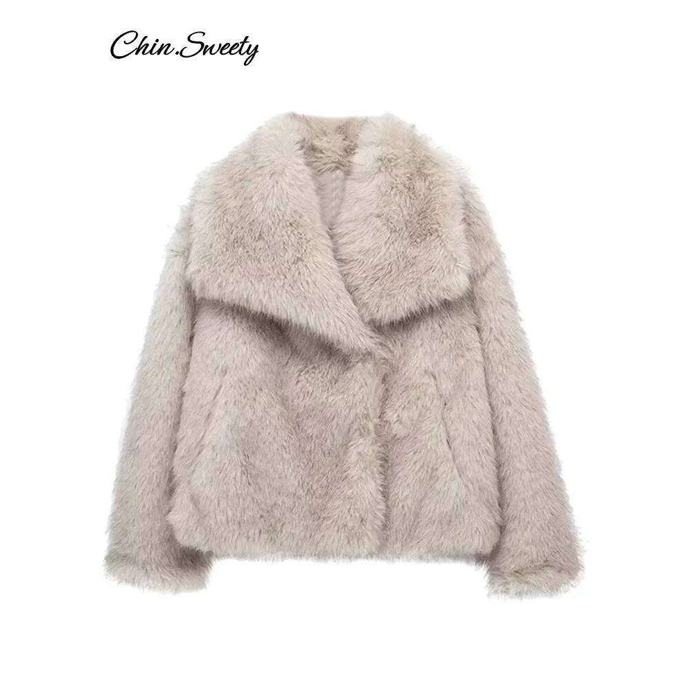 Winter Gradient Faux Coat Women Big Fur Collar Pockets Loose Jacket Female 2024 Fashion Lady High Street Overcoats