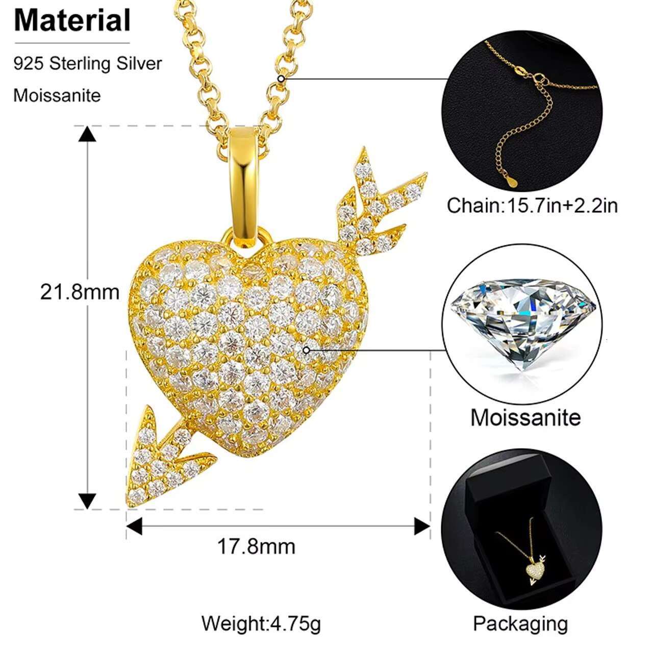 Luxury Solid Sterling Silver Heart with Arrow Pendant Necklace New Design VVS Moissanite Diamond for Men Women