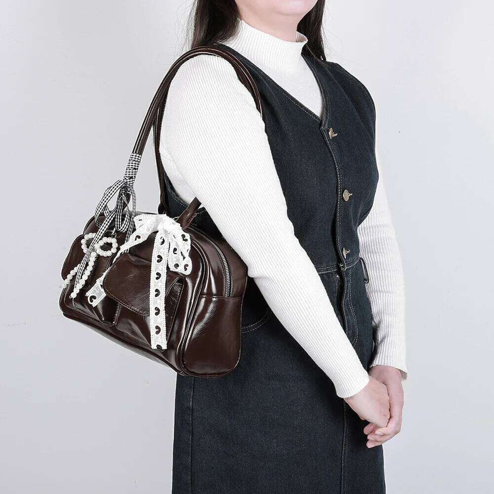 Vintage Bowling PU Leather Boston For Women Korean Version Fashion Shoulder Bag Double Pockets Handbag With Inner Pocket