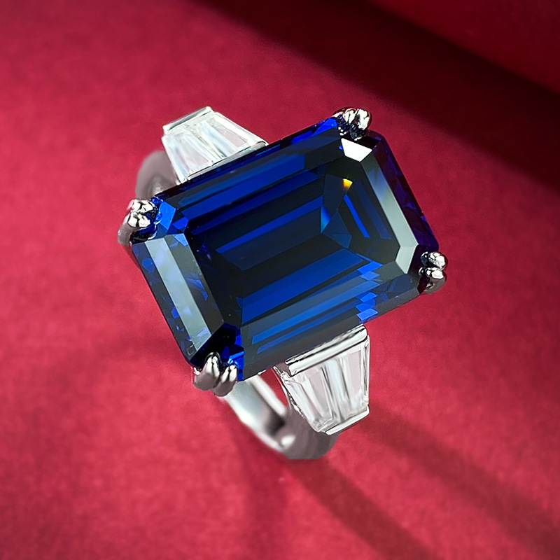 S925 Sterling Silver Emerald Cut Ring 10x14mm Royal Blue Gemstone