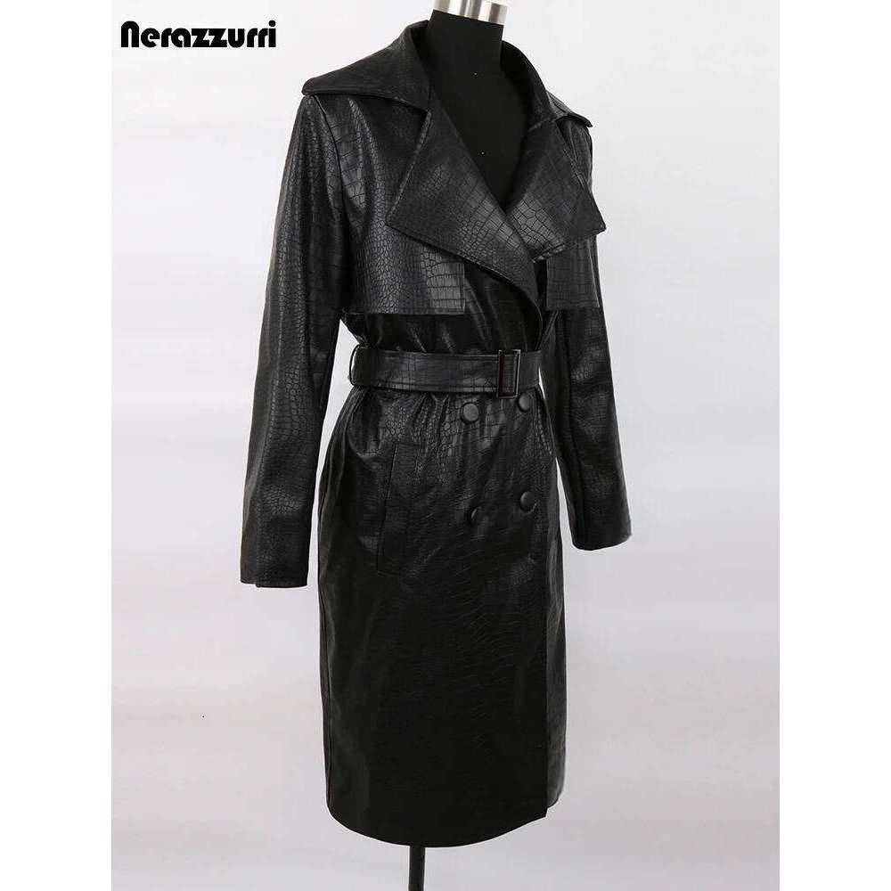 Nerazzurri Autumn Long Loose Red Crocodile Print Leather Trench Coat for Women Belt Double Breasted Waterproof Raincoat Fashion