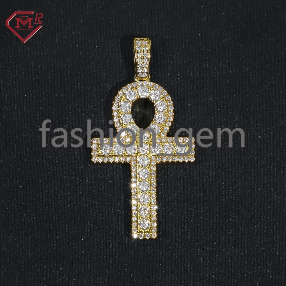 Fully Iced Out Custom Moissanite Pendant Ankh Cross Silver 925 Gold Plated Moissanite Pendant