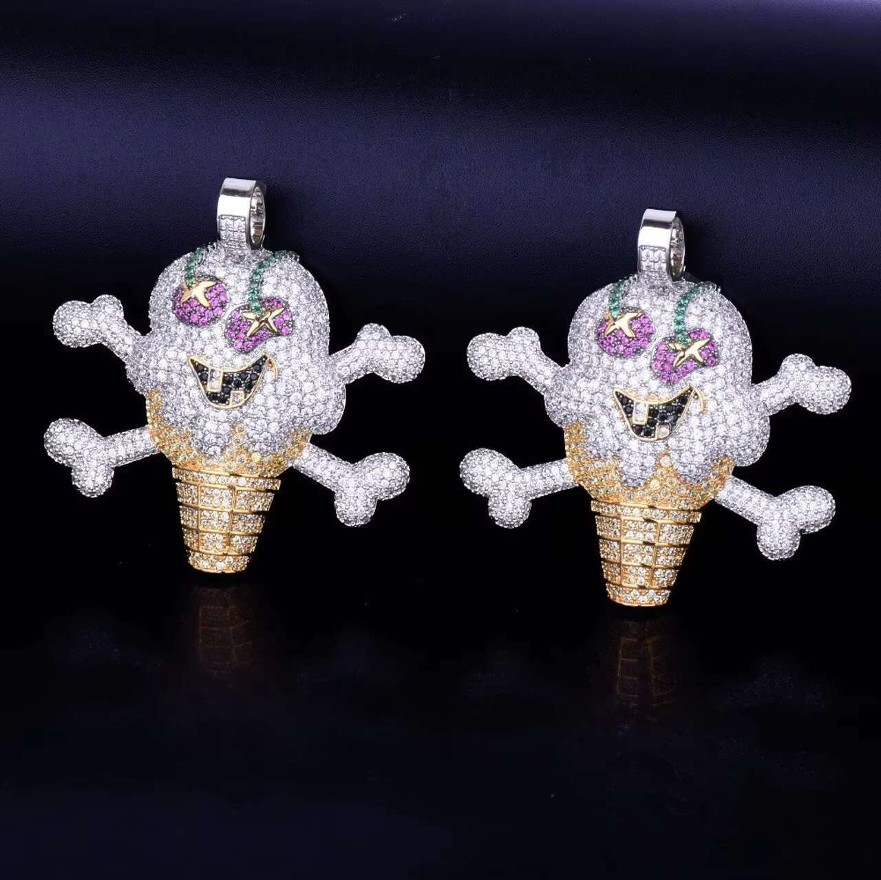 New Arrival 18K Gold and Silver Hip Hop Style Pirate Skull Ice Cream Moissanite Pendants Charms Necklace Charm Set
