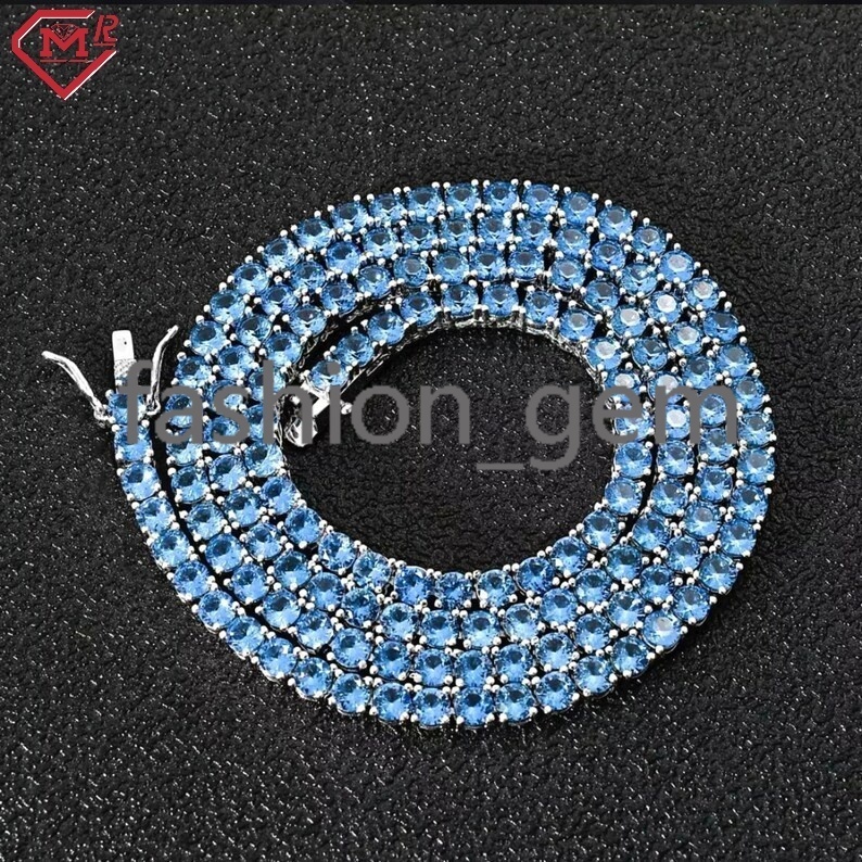 Bling Hiphop Tennis Chain 4mm Pass Testter Blue Diamond 925 Silver Vvs Moissanite Tennis Chain