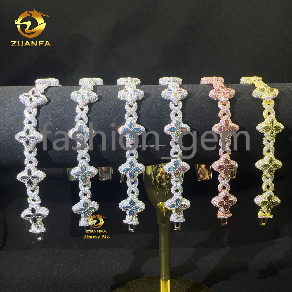 Bulk Stock New Design 15mm Marquise Flower Design Hip Hop Jewelry Iced Out Moissanite Diamond Infinity Cuban Link Bracelet Men