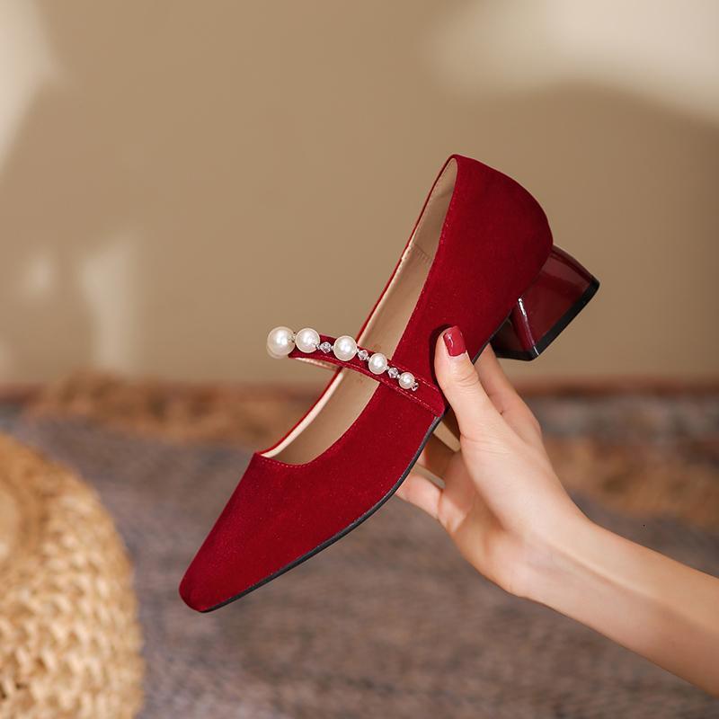 French Style Satin Low Wedding Pearl Strap Mary Jane Single Chunky Heel Square Toe Women's Bridesmaid Bride Shoes ddmythur