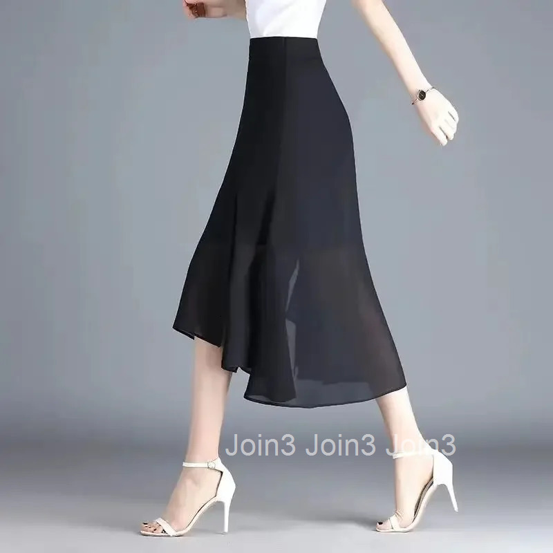 With Slit Woman Skirt Chiffon Midi High Waist Black New in Clothing Trend 2025 Quality Stylish Harajuku Summer Skirts for Women