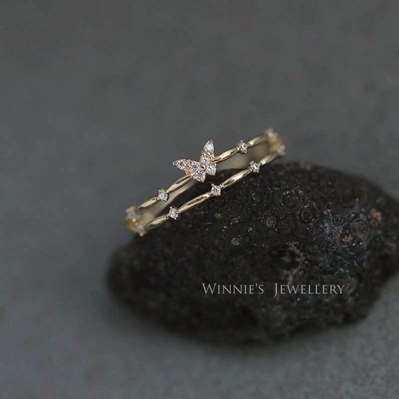 Butterfly Double Layer for Women, Minimalist Style, Light Luxury Sparkling Diamond Ring, Simple Fashion Versatile Niche Design Open Ring