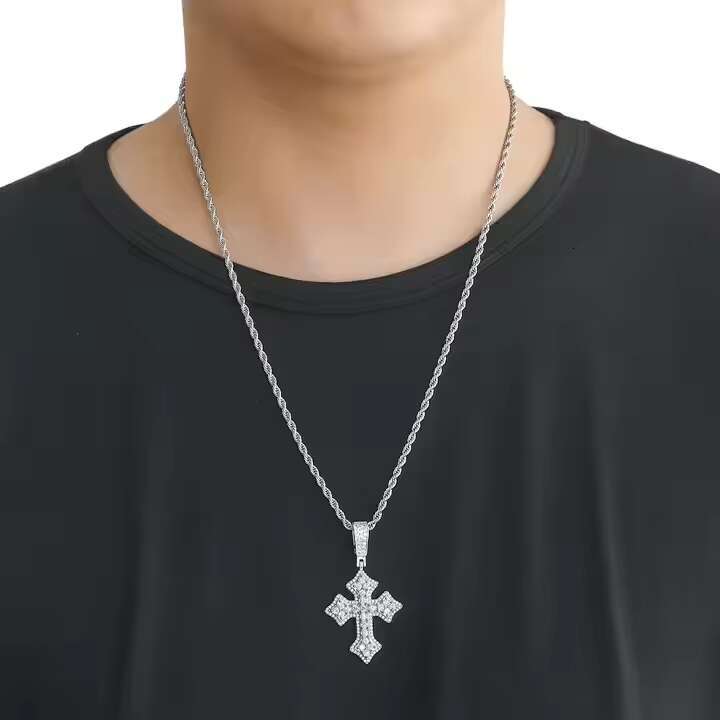 Trendy Cross Pendant 1 Inch Moissanite Round Cut Diamond in Silver Plated Design Fashion Necklace for Spiritual Style Now In USA