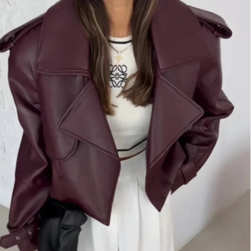 Chic Solid Color Lapel Cropped Leather Jacket Fashion Womens Pockets Long Sleeves Short Coat Lady Autumn High Streetwear 250613