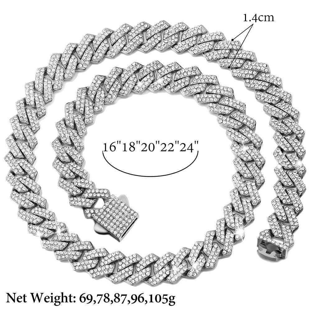 Iced Out Cuban Link Chain 14MM Prong Rhombus Diamond Cuban Chain Hip Hop Choker Necklaces Women Men Jewelry Wholesale W250618