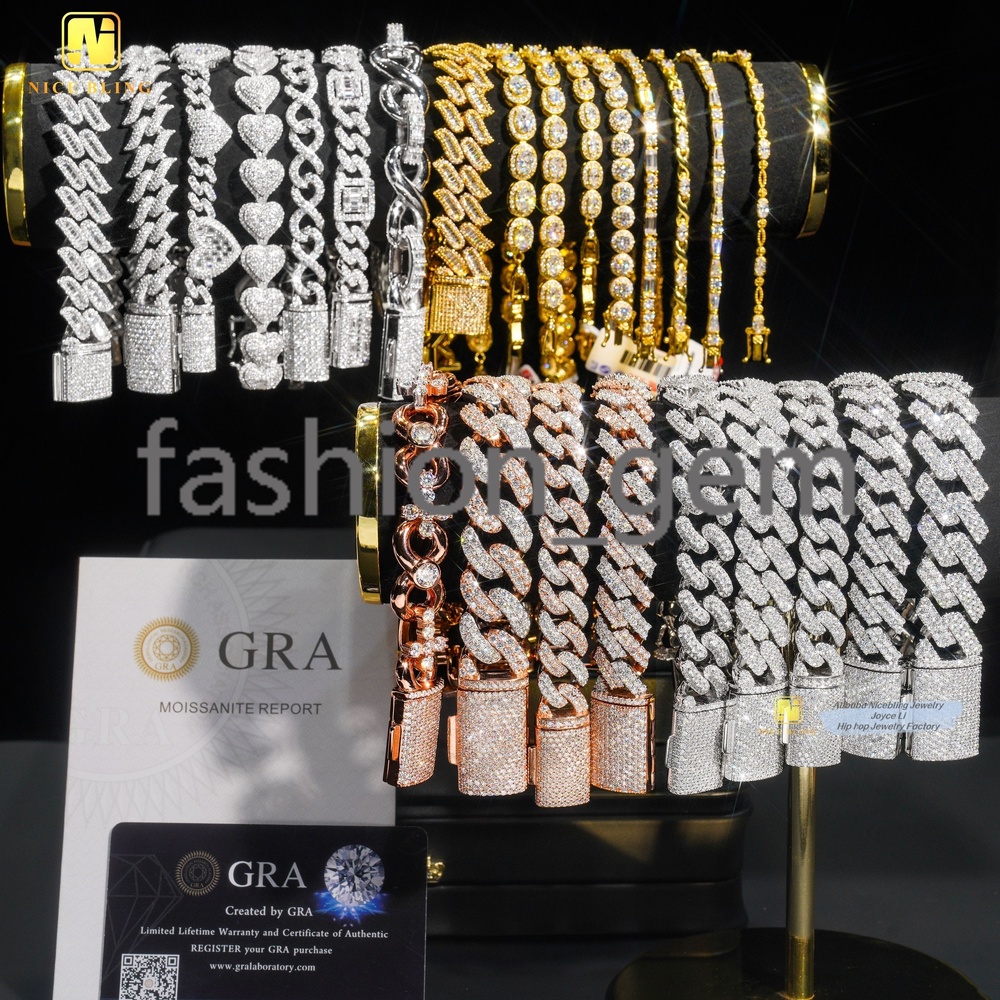 Hot Selling Hip Hop Style 925 Sterling Silver Iced Out Moissanite Diamond Cuban Link Chain Bracelets