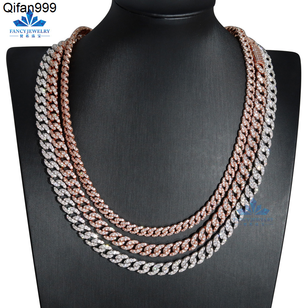 Luxury Hiphop Jewelry VVS Moissanite Miami Cuban Chain 8mm 10mm 12mm 15mm Width 925 Silver Rapper Men Moissanite Cuban Necklace