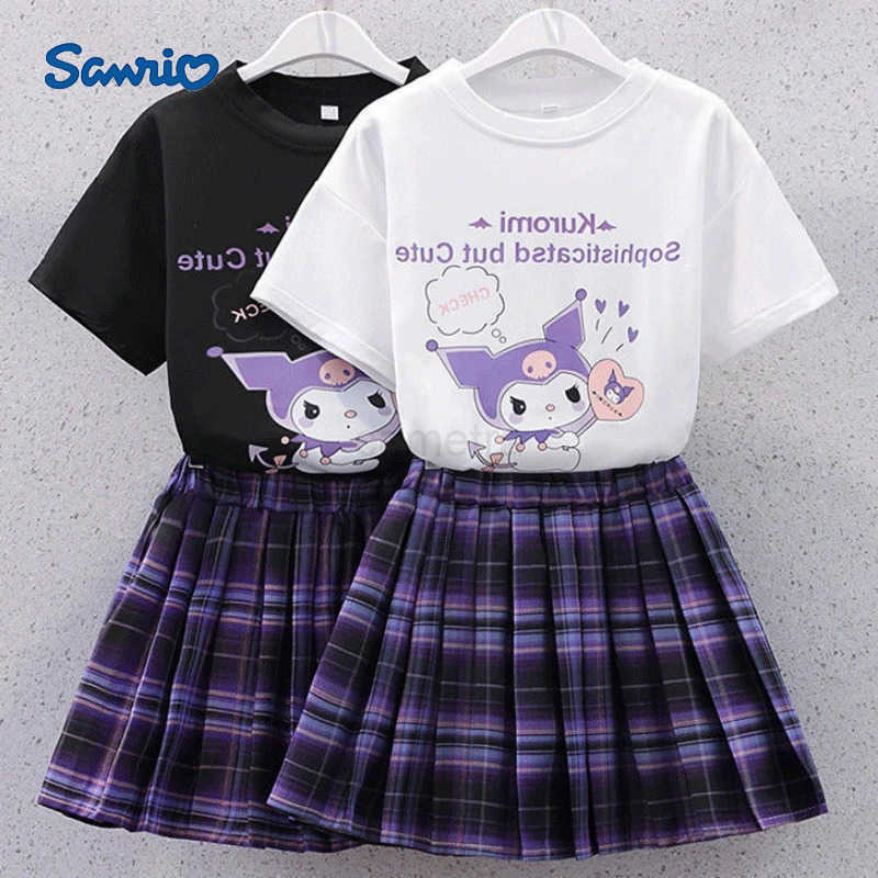 Sanrio Sanrio Kuromi Kawaii Girls College Style T-shirt Skirt Suit Summer Clothes JK Uniform Skirt Short Sleeve T-shirt Two Piece Set XJ250618