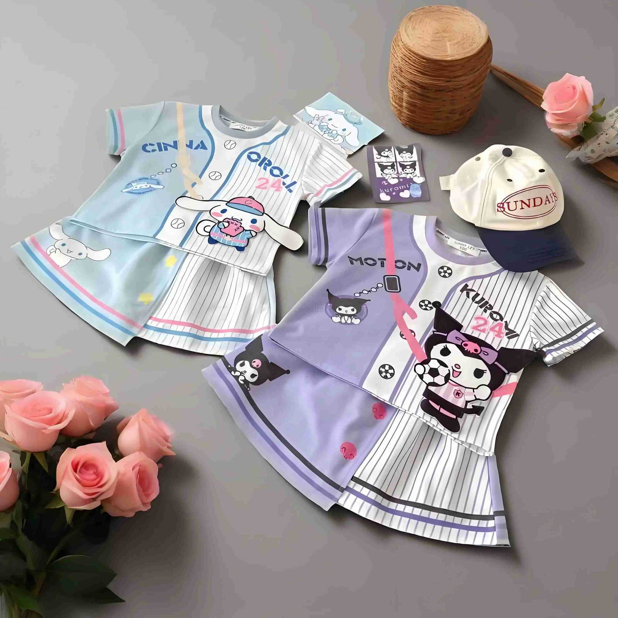 Sanrio 2025 Summer Girls Casual Clothing Sets Cartoon Printed Children Kuromi T Shirt Skirt 2pcs Set Kids Breathable Outfits OutfoorXJ250618