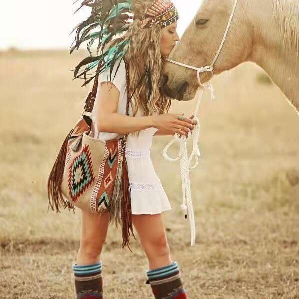 Bohemian Handwoven Fringe Cotton Linen Single Shoulder Large Bag For Women B5