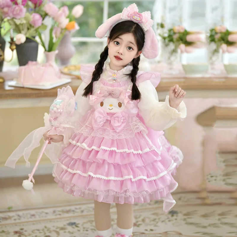 Sanrio Cartoon Kuromi Melody Cinnamoroll Dress Girls Kawai Lolita Princess Skirt Four Season Slip Dress Cosplay Party Costume Kids GiftXJ250618