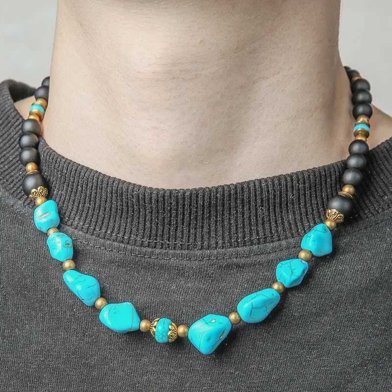 1PCS Fashion Irregular Turquoise Chains Necklace For Men Women Boho Stone Pendant Necklaces Jewelry W250618