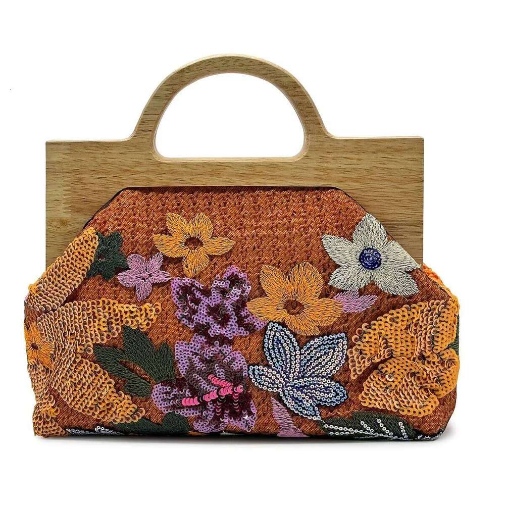 Fashion Embroidered Sequins Women Handbags Wooden Handle Chain Shoulder Crossbody Shinny Summer Beach Bag Party Clucth Purse