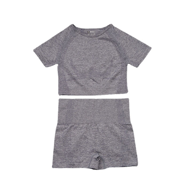 Cross-border European and American seamless knitted sports yoga suit for women, quick-drying short-sleeved short-shorts tight two-piece set for women