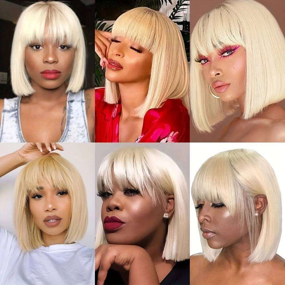 613 Blonde Wig Bangs Straight Hair with Fringe Brazilian Full hine Made Bob Human hair Wigs
