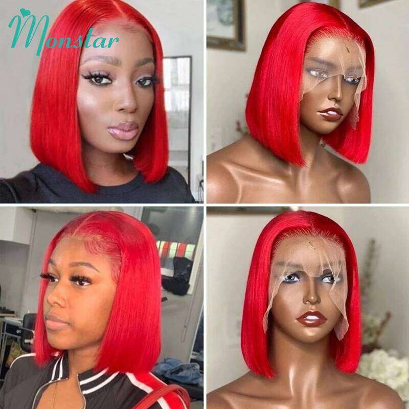 13x6 Red Colored Lace Front Human 13x4 Short Bob Straight Brazilian Hair Transparent Preplucked 5x5 Closure Wig