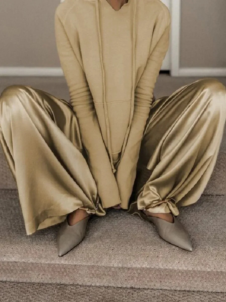 Freeacy Autumn Fashion Suit for Women Drawstring Hooded Sweatshirt and High Waist Wide Leg Pants Casual Pant Sets 250617