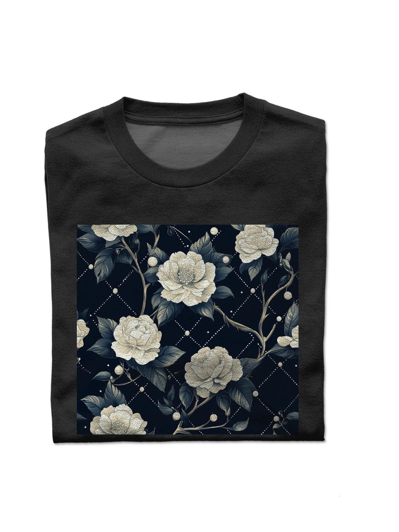Ddmytiger T Shirt With White Roses And Constellations On A Dark Background T Shirts Round Collar Jogging Suit