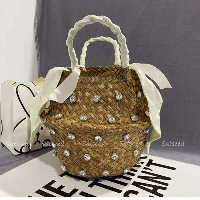 Handmade Sewing Holiday Fashion Crystal Woven Basket Dia Tote Beach Resort Retro Handbag Bag Women Design Straw 2023