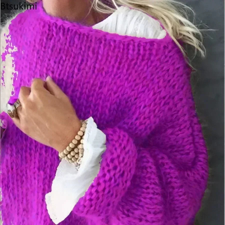 Womens Lantern Long Sleeve Knitted Sweater Fluffy Fuzzy Mohair Pullover Top Chunky Knit Solid Oversized Loose Jumper Tops 250614