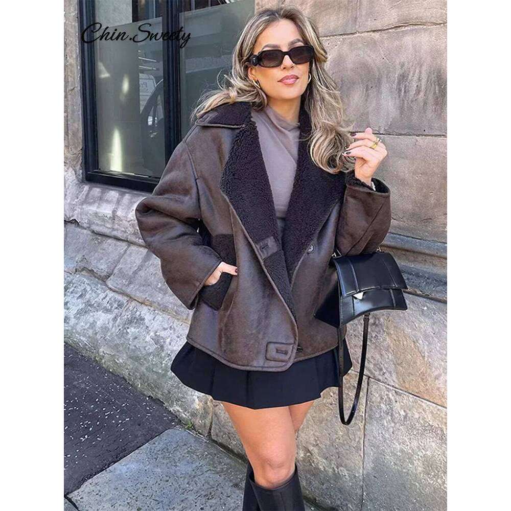 Vintage Women's Leather Loose Thick Warm Lapel Single Breasted Long Sleeve Fleece Jacket 2024 Fall Winter Street Outwear