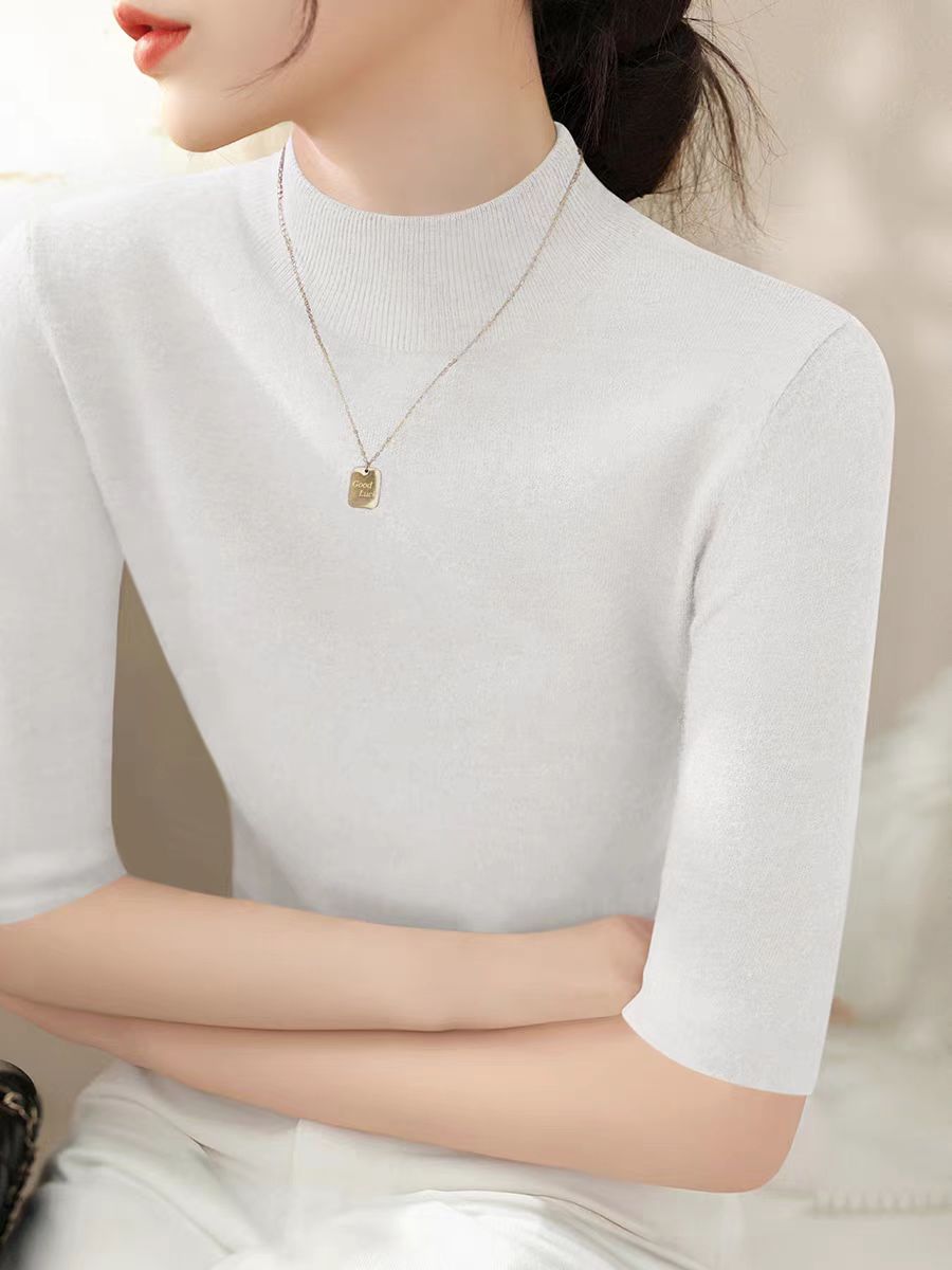 Spring and Autumn Women's T-shirt simple French temperament solid color five-quarter sleeve bottoming shirt