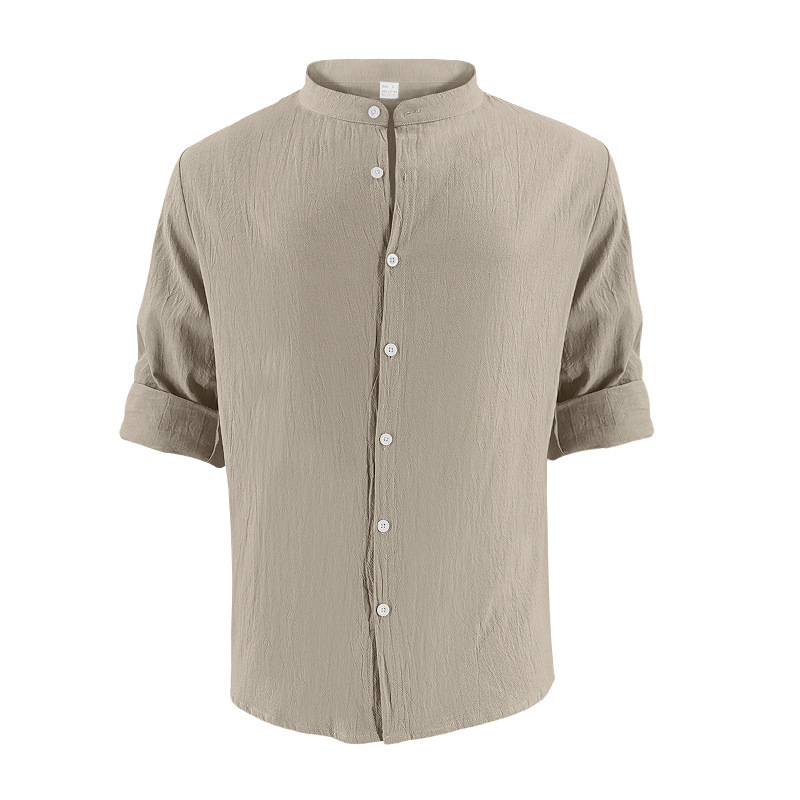 Fashion brand Men's Hawaiian long-sleeved shirt with cotton and linen stand-up collar breathable Henry collar casual long-sleeved top European co