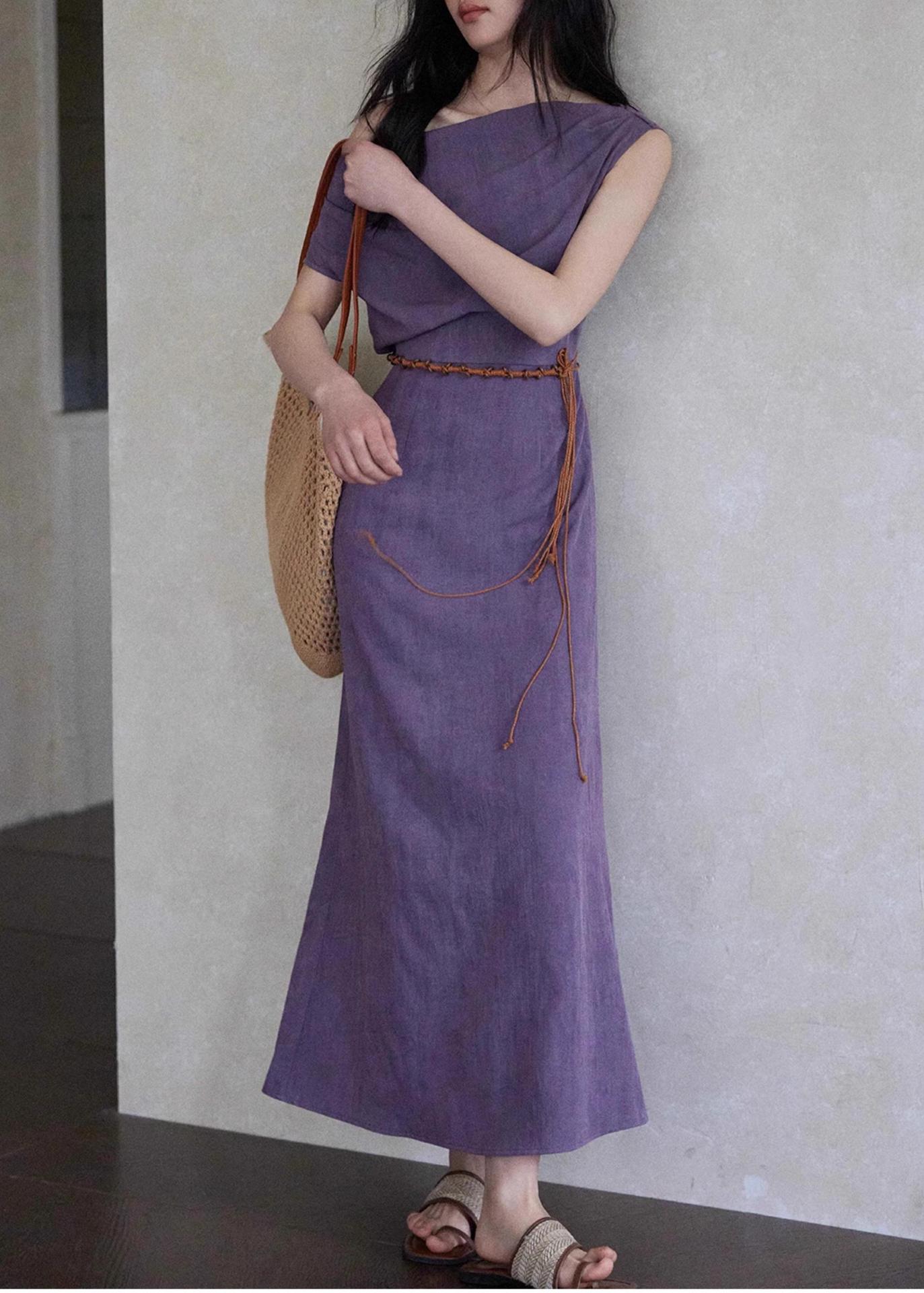 MM260 Women's Temperament Purple Design Waist Long Skirt
