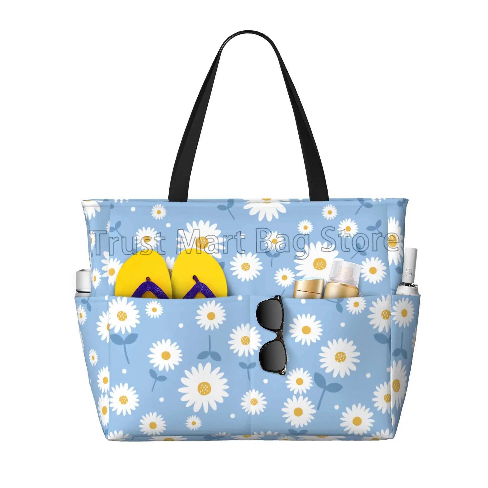 Daisy Floral Large Beach Tote Bag Waterproof Sandproof Zipper Beach Tote Bags for Pool Swim Gym Grocery Travel B250618