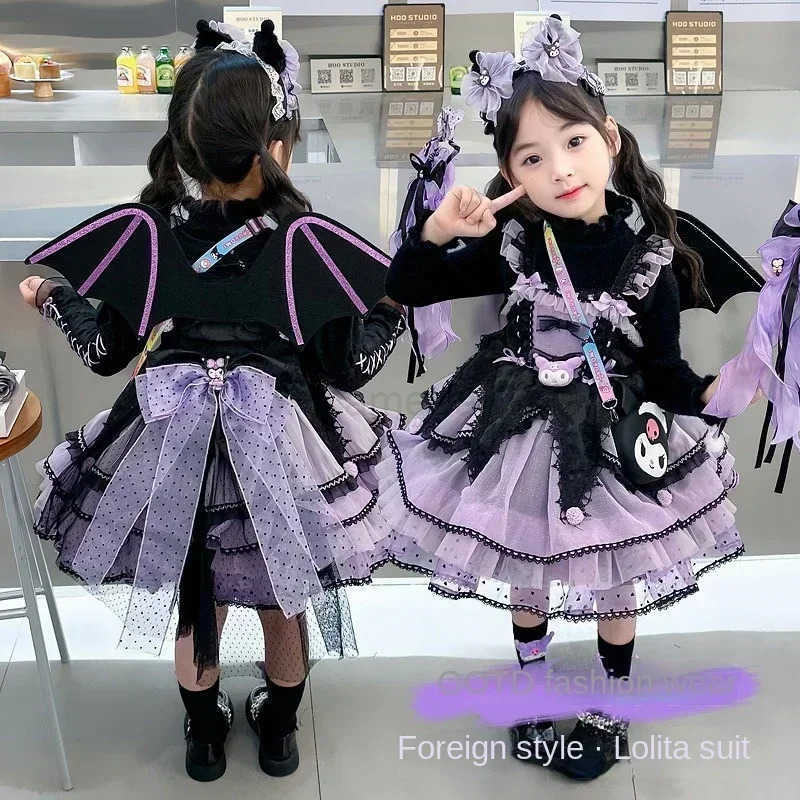 Sanrio Sanrio Kuromi Dress Cartoon Girl Lolita Skirt Set Autumn Long Sleeves Girls Dress Cosplay Princess Dress Birthday Party Gifts XJ250618