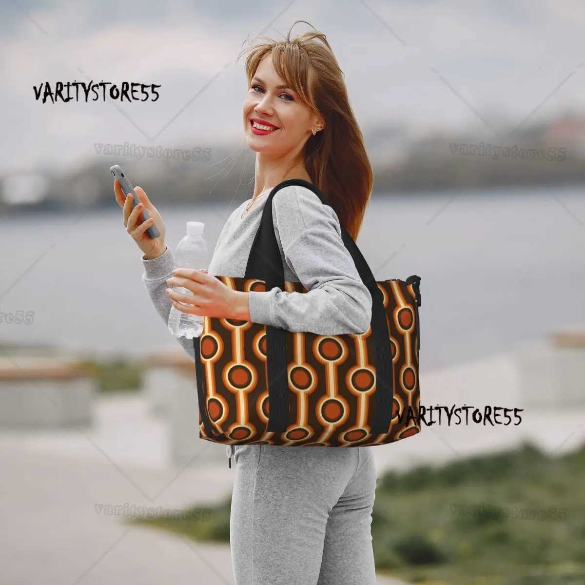 Custom 70s Retro Connected Balls In Orange And Brown Tones Beach Tote Bag for Women Mid Century Large Compartment Gym Beach Bags W250618