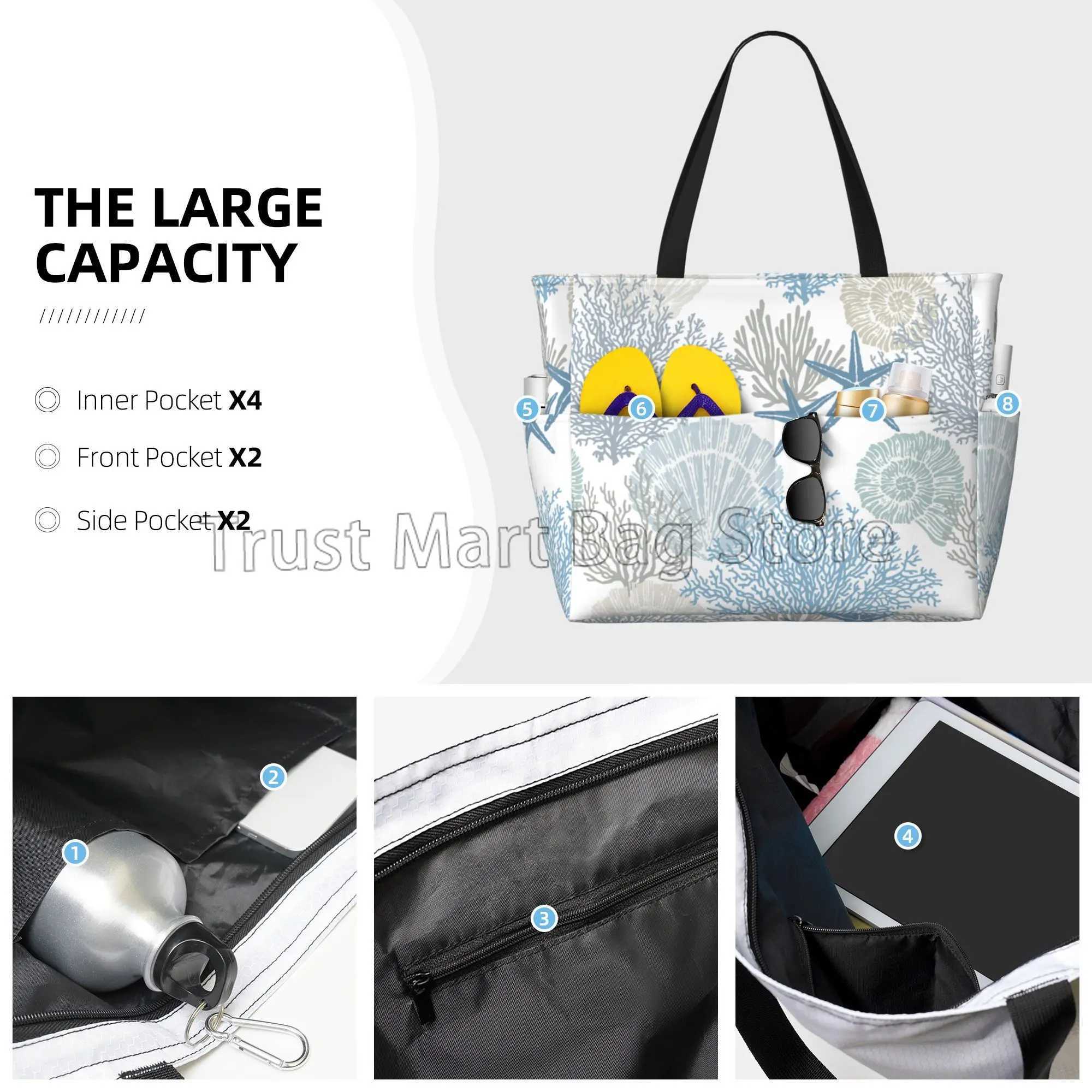 Summer Ocean Themed Seashell Coral Starfish Large Waterproof Beach Bag Women Sandproof Pool Tote Bag for Travel Vacation Swim W250618